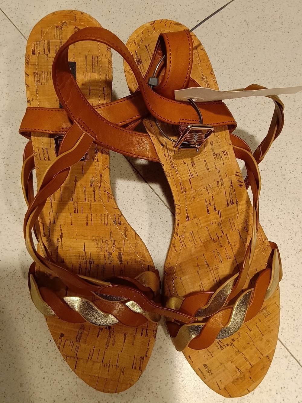 Nine West Cognac Brown Gold Braided Strappy Cork Flat Sandals